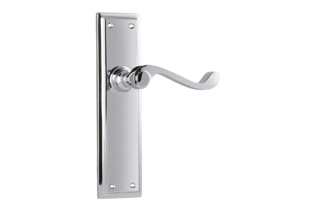 Product image of the Tradco Milton Door Lever Handle on Long Backplate Passage Chrome Plate on a white background.