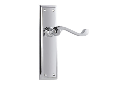 Product image of the Tradco Milton Door Lever Handle on Long Backplate Passage Chrome Plate on a white background.