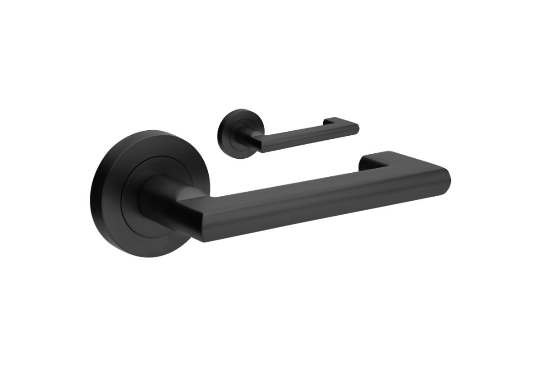 Product image of the Zanda Epic Return Door Handle on Round Rose Matt Black lever set only on a white background.