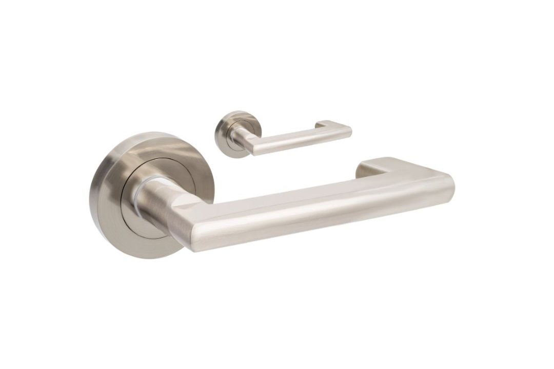 Product picture of the Zanda Epic Return Door Handle on Round Rose Brushed Nickel lever set only on a white background.