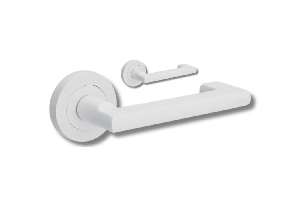Product image of the Zanda Epic Return Door Handle on Round Rose White lever set only on a white background.