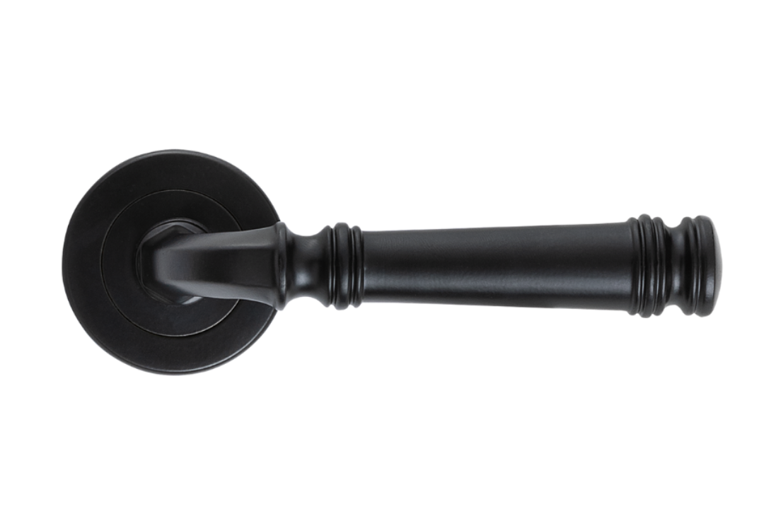 Product image of the Apollo Design Tuscany Door Lever Handle on Round Rose Pair Matt Black on a white background.