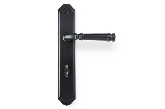 Product picture of the Apollo Design Tuscany Door Handle on Traditional Plate Matt Black Privacy Set on a white background.
