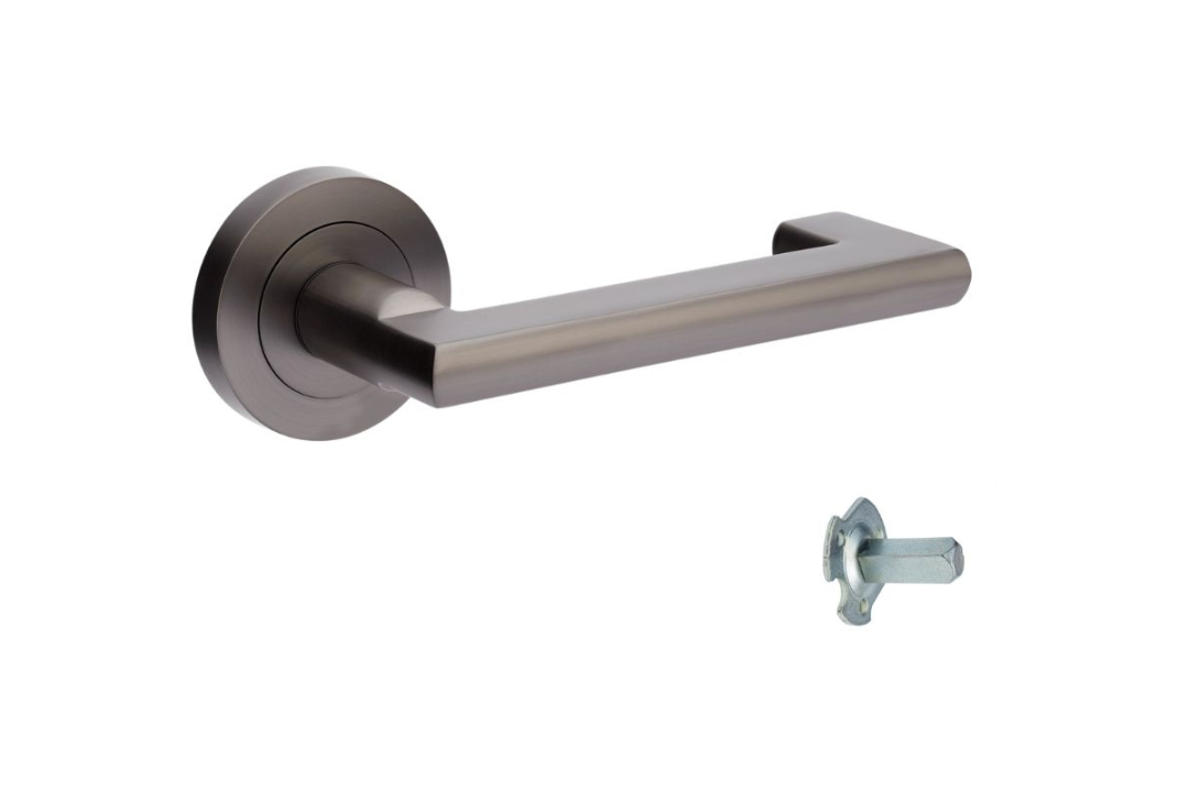 Product picture of the Zanda Epic Return Door Handle on Round Rose Graphite Nickel dummy lever on a white background.