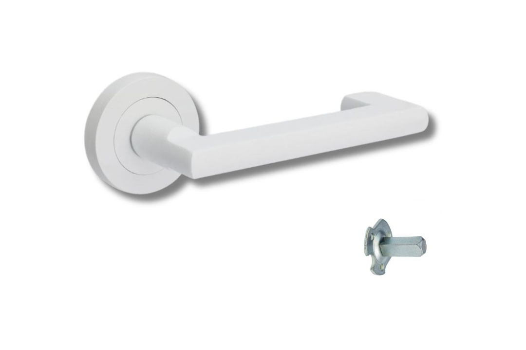 Product image of the Zanda Epic Return Door Handle on Round Rose White dummy handle on a white background.