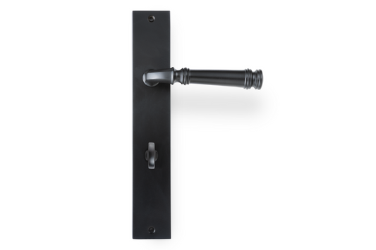 Product picture of the Apollo Design Tuscany Door Handle on Rectangle Plate Matt Black Privacy Set on a white background.