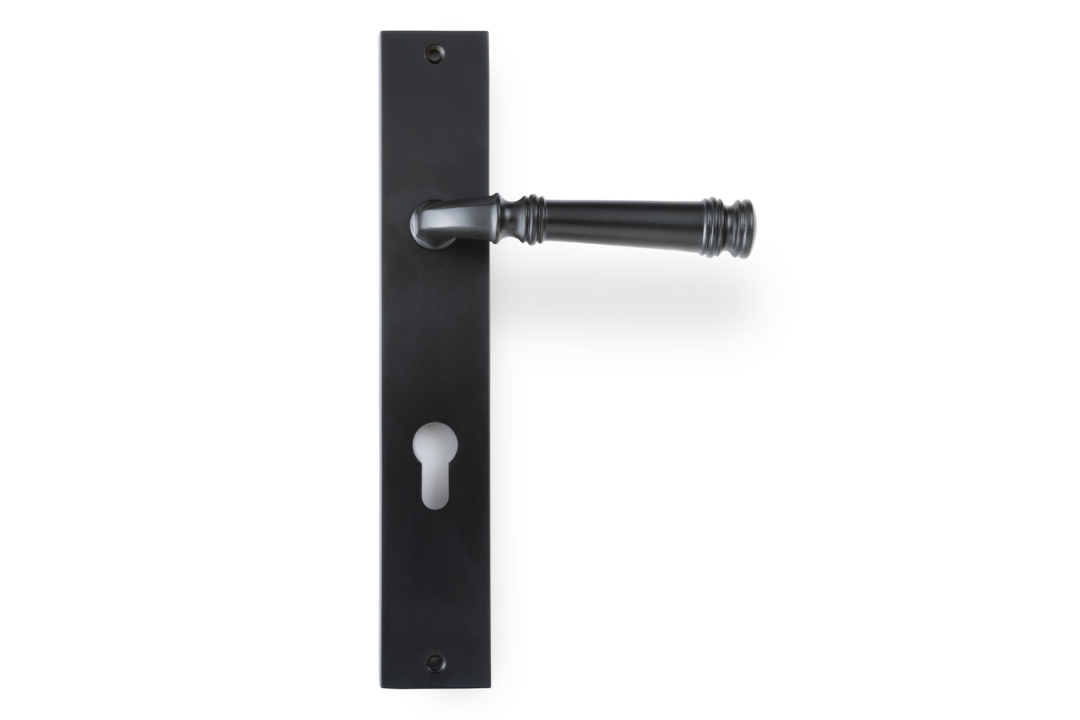 Product picture of the Apollo Design Tuscany Door Handle on Rectangle Plate Matt Black Euro Set on a white background.