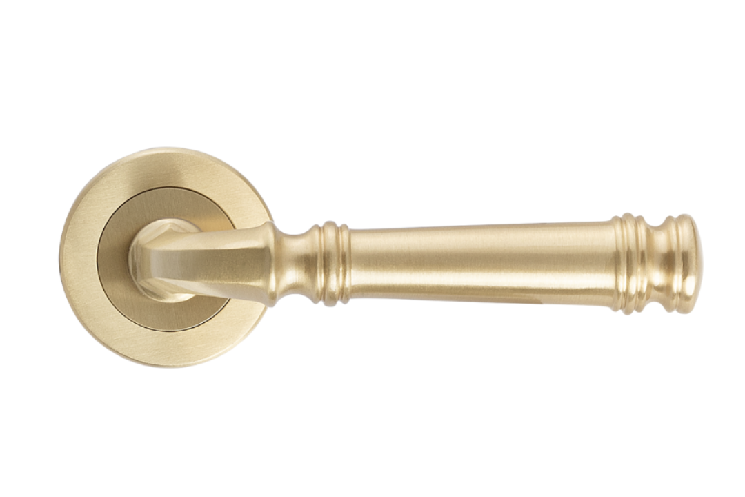 Product image of the Apollo Design Tuscany Door Lever Handle on Round Rose Pair Satin Brass on a white background.