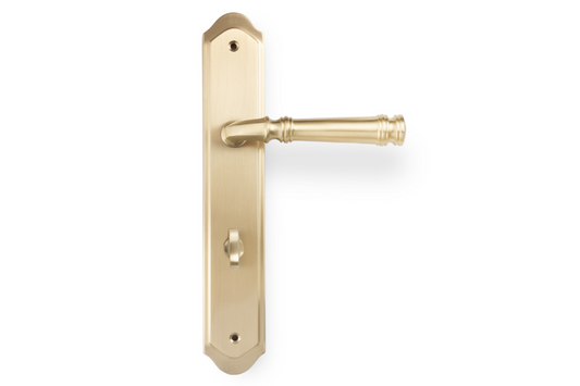 Product picture of the Apollo Design Tuscany Door Handle on Traditional Plate Satin Brass Privacy Set on a white background.