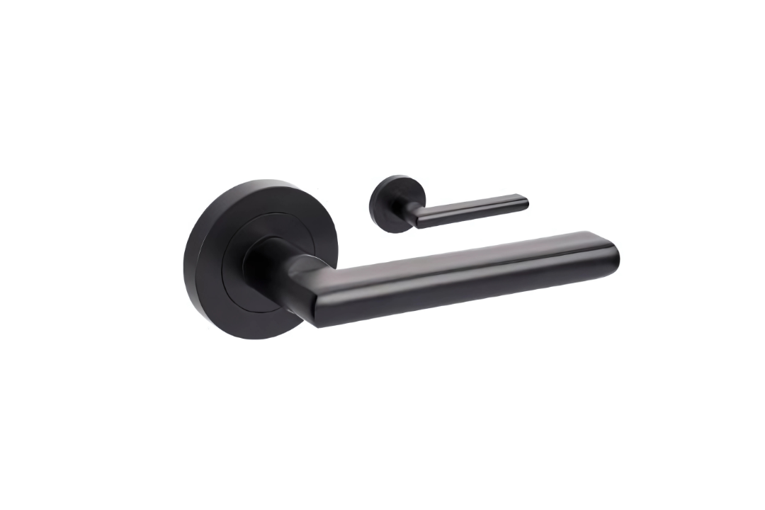 Product picture of the Zanda Epic Door Handle on Round Rose Matt Black lever set only on a white background.