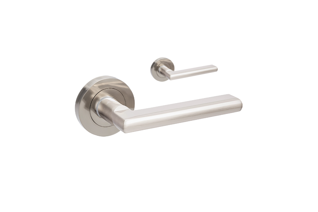 Product picture of the Zanda Epic Door Handle on Round Rose Brushed Nickel lever set only on a white background.