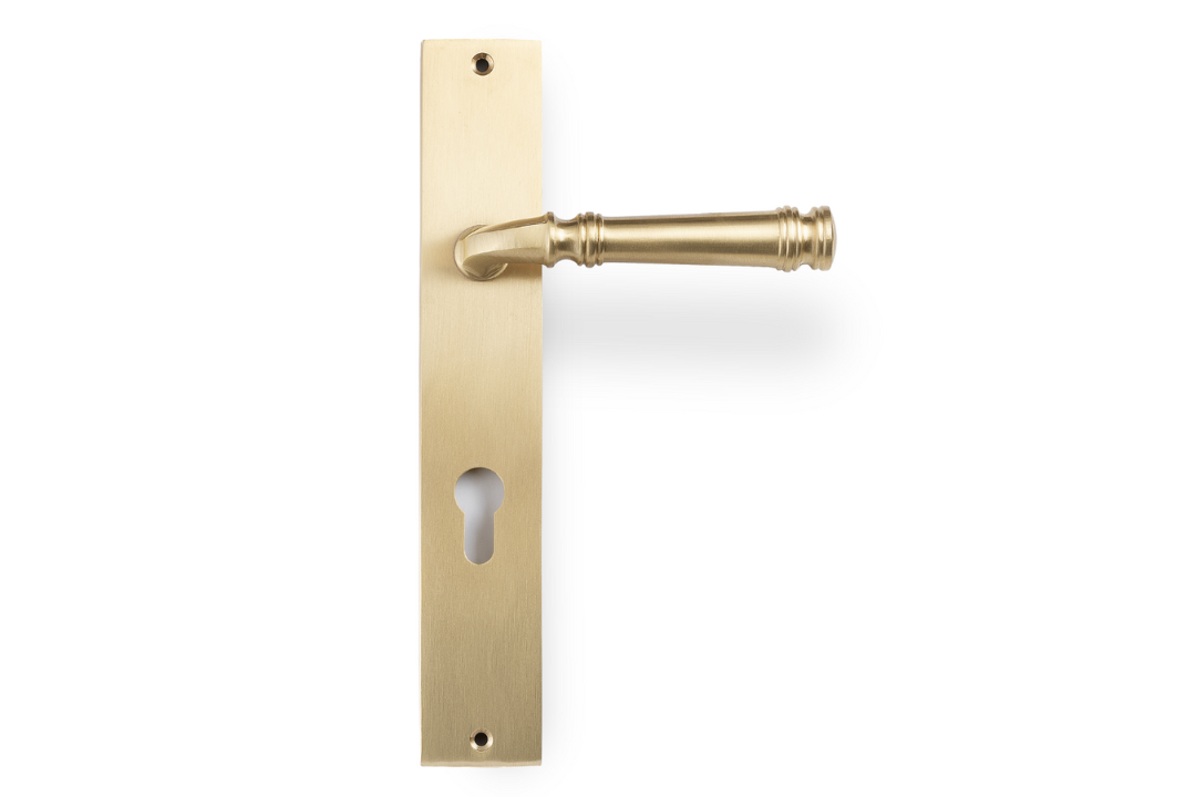 Product picture of the Apollo Design Tuscany Door Handle on Rectangle Plate Satin Brass Euro Set on a white background.