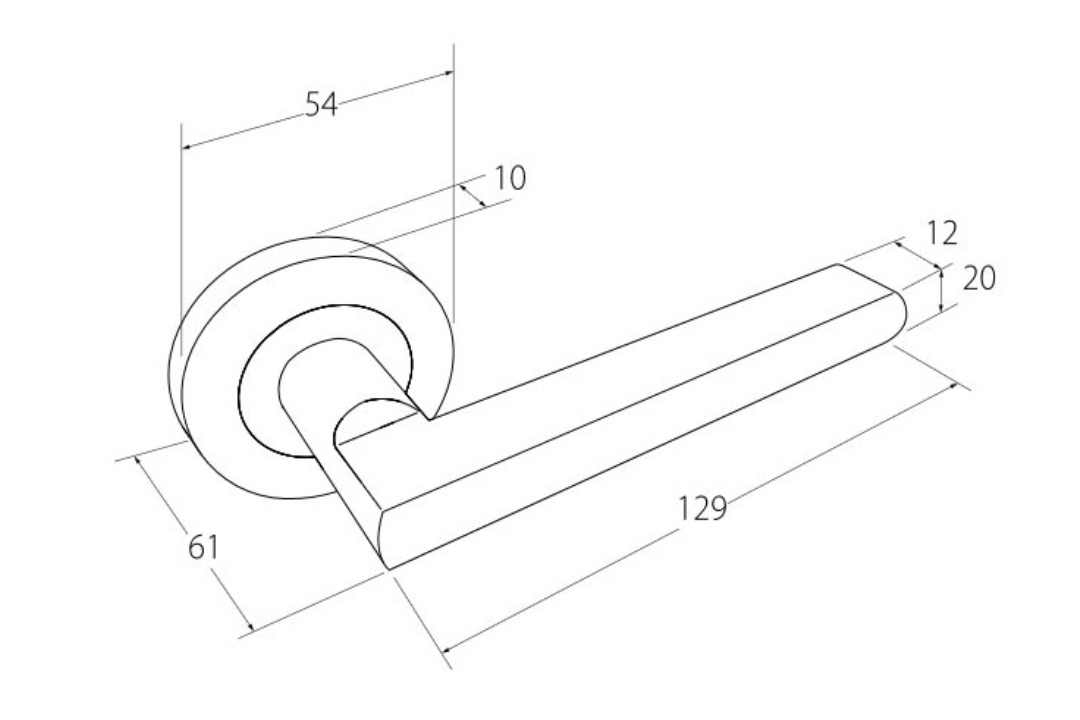 Black and white specification drawing of the Zanda Epic Door Handle on Round Rose White.