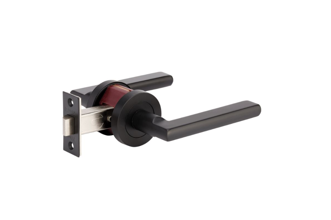Product picture of the Zanda Epic Door Handle on Round Rose Matt Black passage set on a white background.