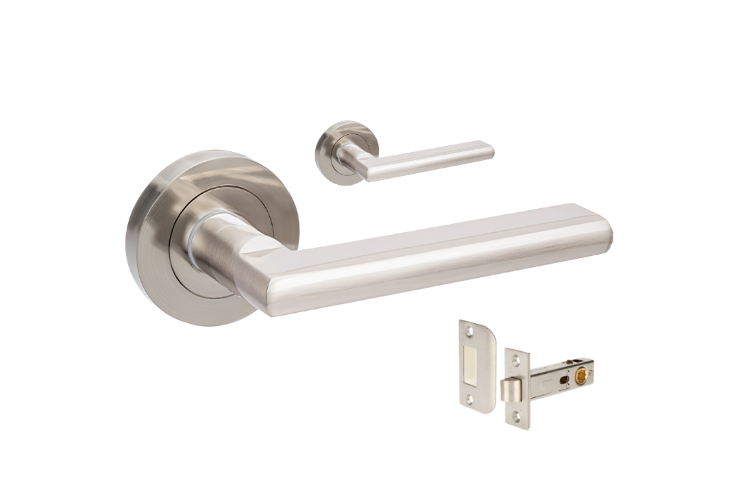 Product picture of the Zanda Epic Door Handle on Round Rose Brushed Nickel passage set on a white background.