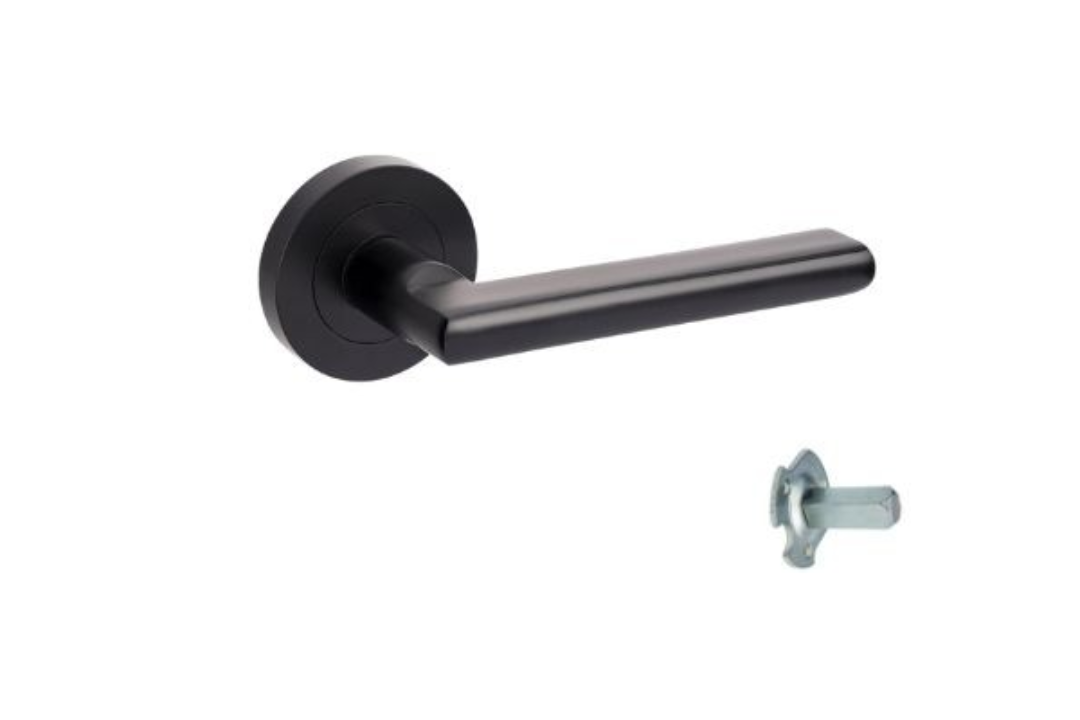 Product picture of the Zanda Epic Door Handle on Round Rose Matt Black dummy lever on a white background.