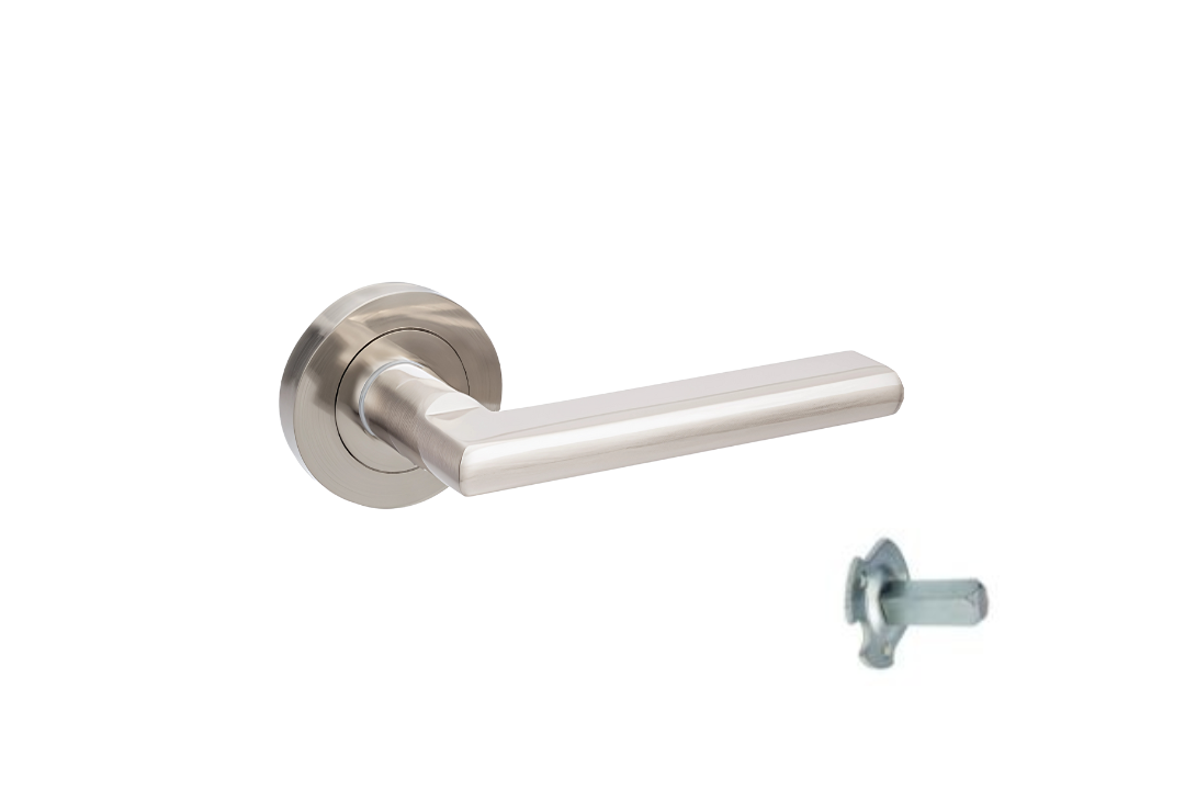 Product picture of the Zanda Epic Door Handle on Round Rose Brushed Nickel dummy lever on a white background.