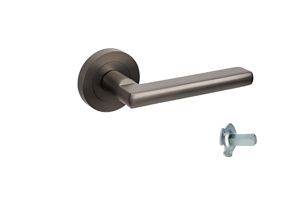Product picture of the Zanda Epic Door Handle on Round Rose Graphite Nickel dummy lever on a white background.
