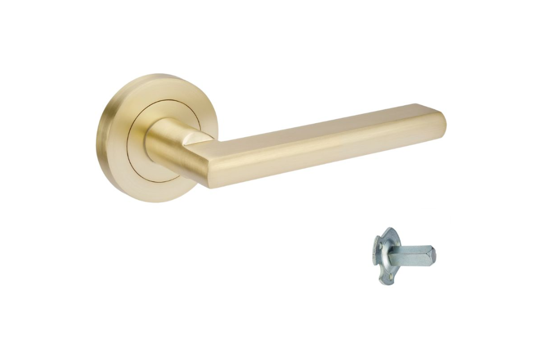 Product picture of the Zanda Epic Door Handle on Round Rose Satin Brass dummy lever on a white background.