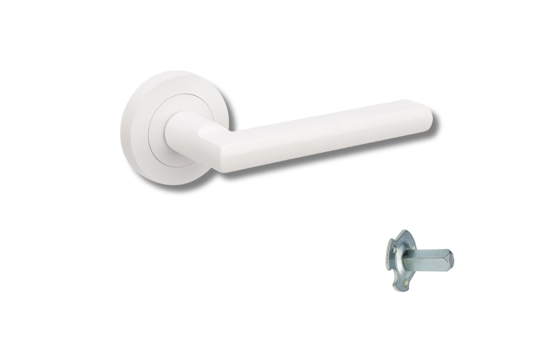 Product image of the Zanda Epic Door Handle on Round Rose White dummy lever on a white background.