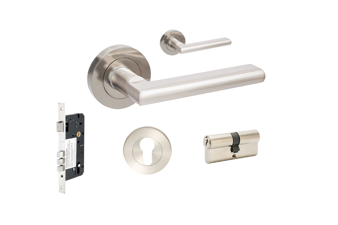 Product picture of the Zanda Epic Door Handle on Round Rose Brushed Nickel 70mm key/key entry set on a white background.