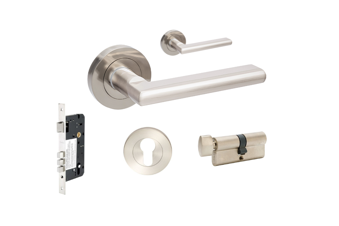 Product picture of the Zanda Epic Door Handle on Round Rose Brushed Nickel 70mm key/turn entry set on a white background.