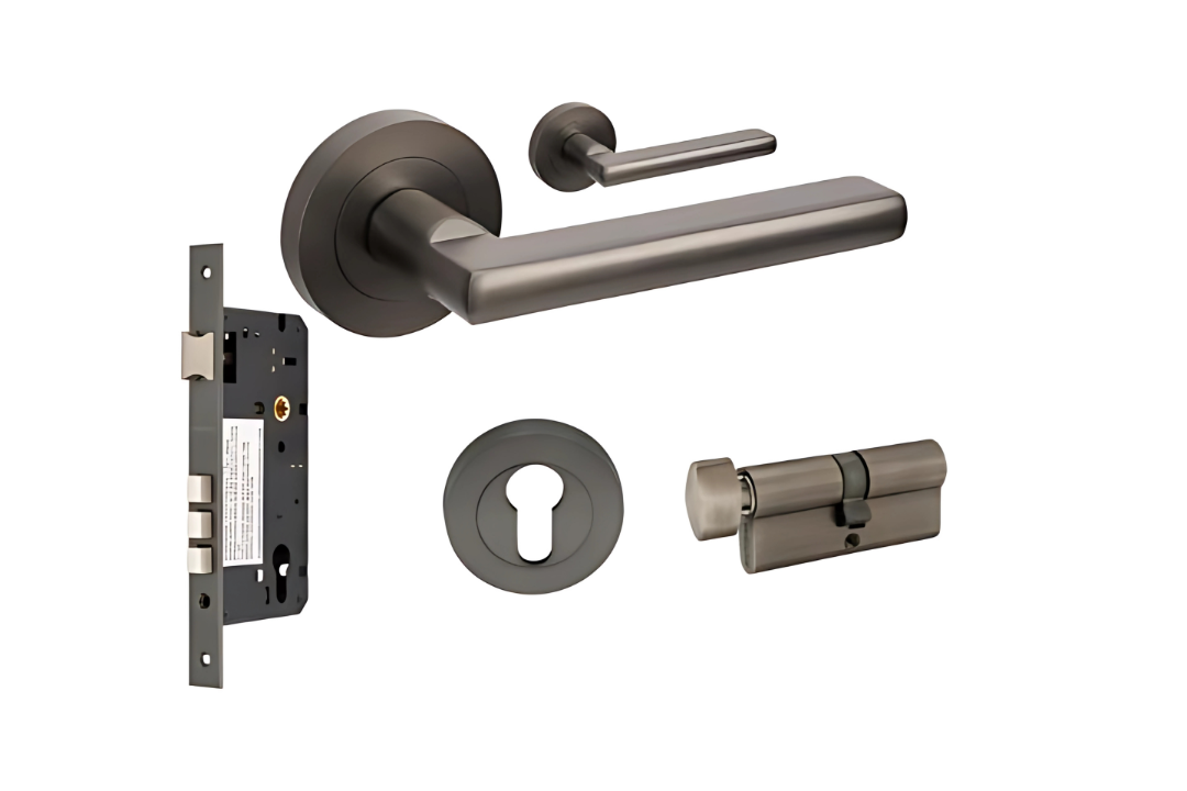 Product picture of the Zanda Epic Door Handle on Round Rose Graphite Nickel entry kit key/turn on a white background.