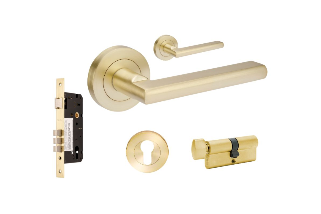 Product picture of the Zanda Epic Door Handle on Round Rose Satin Brass entry set with key/turn cylinder on a white background.