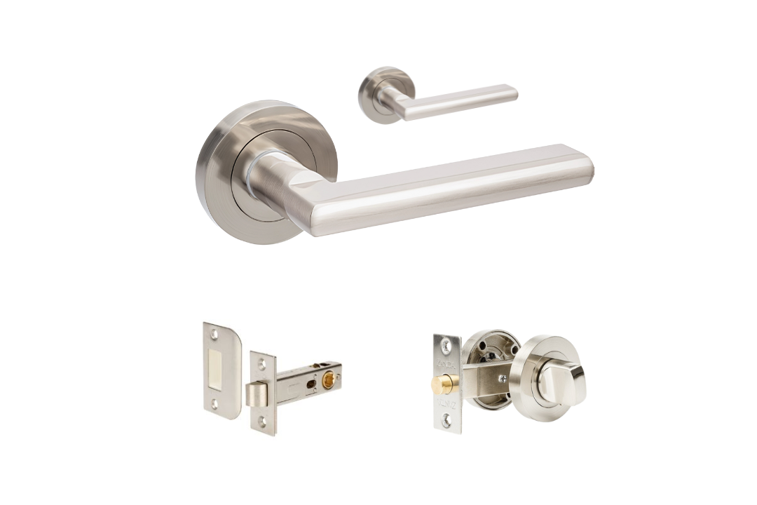 Product picture of the Zanda Epic Door Handle on Round Rose Brushed Nickel privacy set separate kit on a white background.