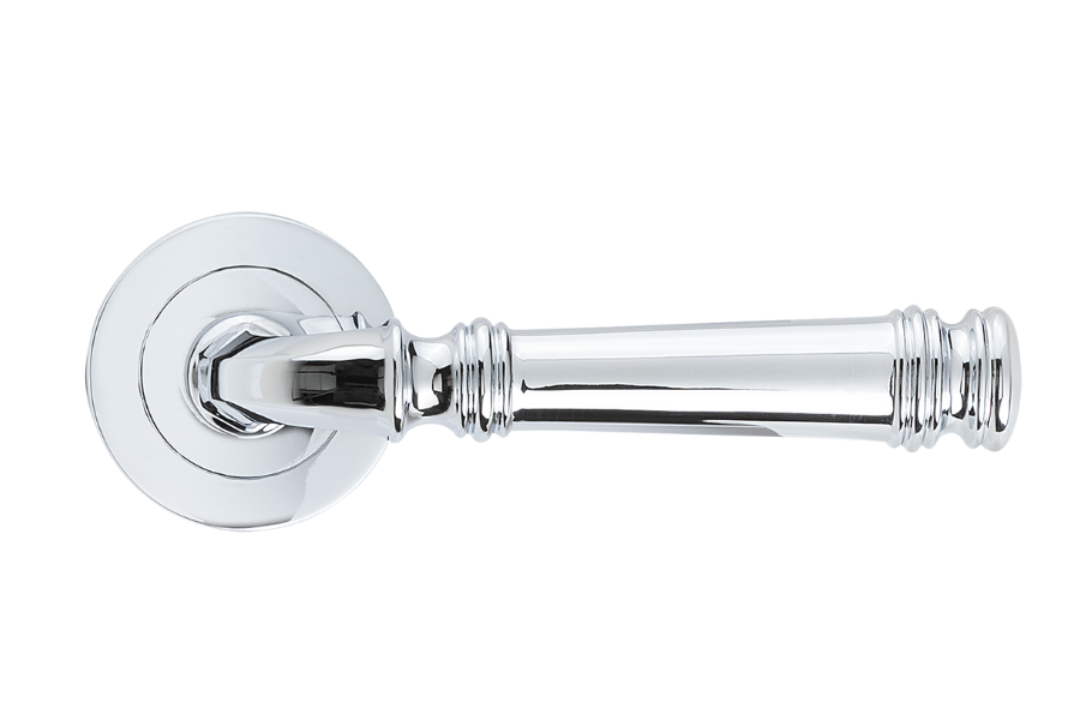 Product image of the Apollo Design Tuscany Door Lever Handle on Round Rose Pair Chrome Plate on a white background.