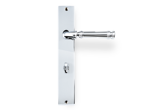 Product image of the Apollo Design Tuscany Door Handle on Rectangle Plate Chrome Plate Privacy Set on a white background.