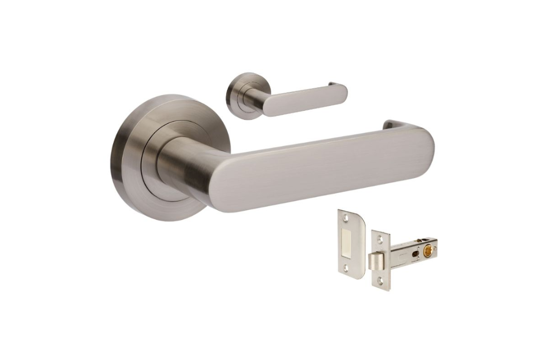 Product image of the Zanda Duke Return Door Lever Handle on Round Rose Brushed Nickel Passage set on a white background.