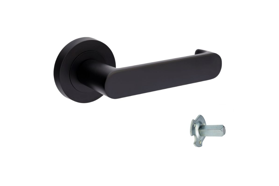 Product picture of the Zanda Duke Return Door Lever Handle on Round Rose Matt Black dummy handle on a white background.