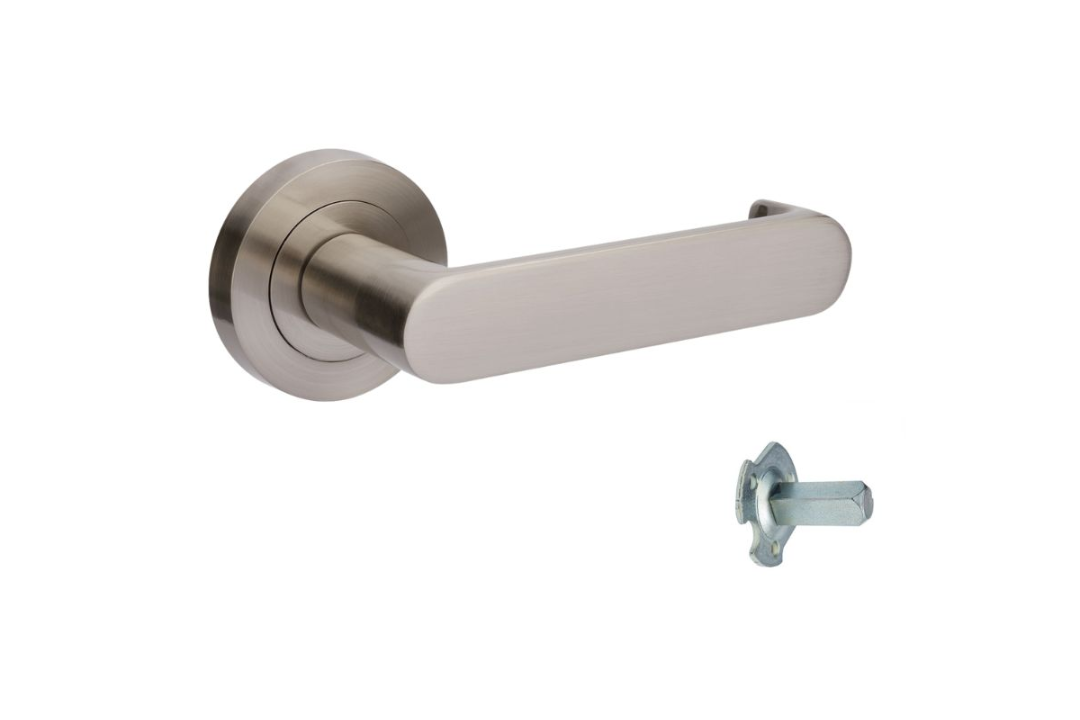 Product image of the Zanda Duke Return Door Lever Handle on Round Rose Brushed Nickel dummy handle on a white background.
