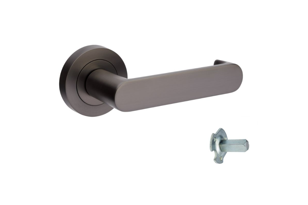 Product picture of the Zanda Duke Return Door Lever Handle on Round Rose Graphite Nickel Dummy Lever on a white background