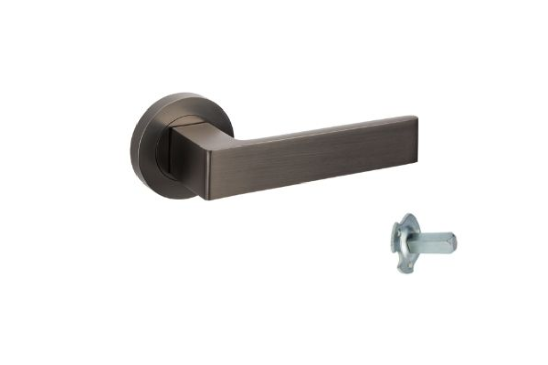 Product picture of the Zanda Boston Door Handle on Round Rose Graphite Nickel Dummy Handle on a white background.