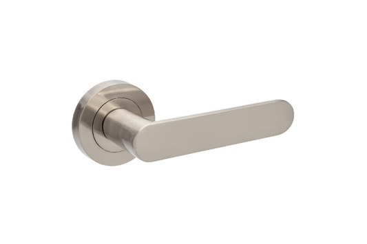 Product picture of the Zanda Duke Door Lever Handle on Round Rose Brushed Nickel on a white background.