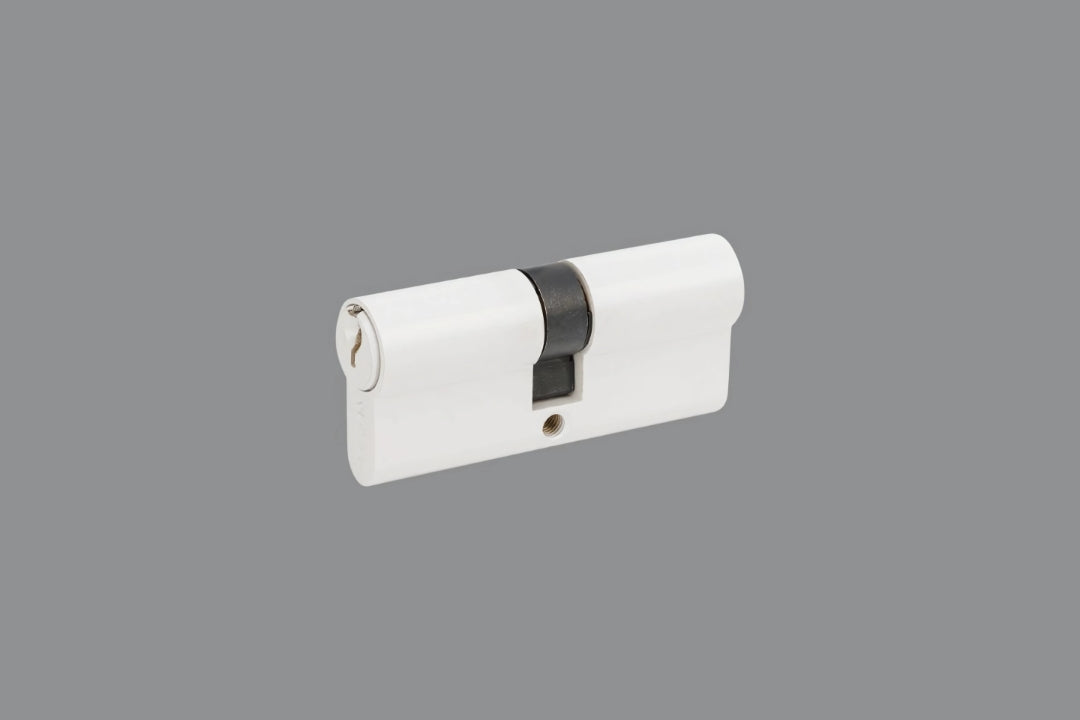 Product image of the White Euro Cylinder Key/Key 70mm on a grey background.