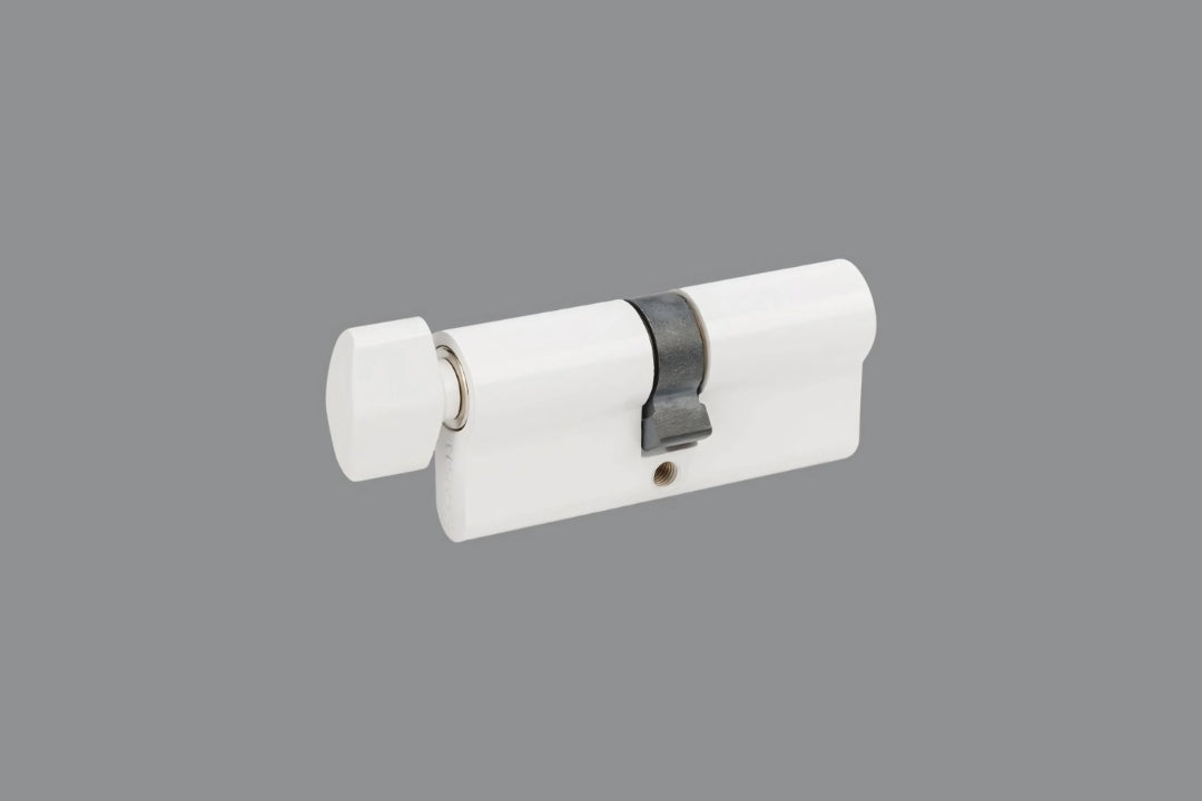 Product image of the White Euro Cylinder & Turn 70mm on a grey background.