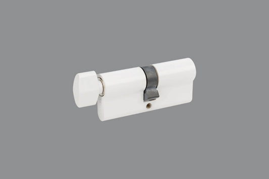 Product image of the White Euro Cylinder & Turn 70mm on a grey background.