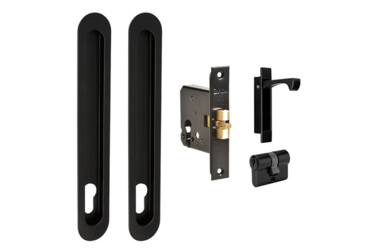 Product picture of the Zanda Duke Matt Black Flush Pull Euro Lock Kit 250x40mm on a white background.