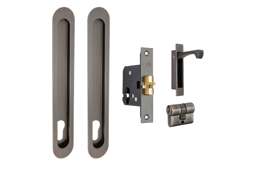 Product picture of the Zanda Duke Graphite Nickel Flush Pull Euro Lock Kit 250x40mm on a white background.