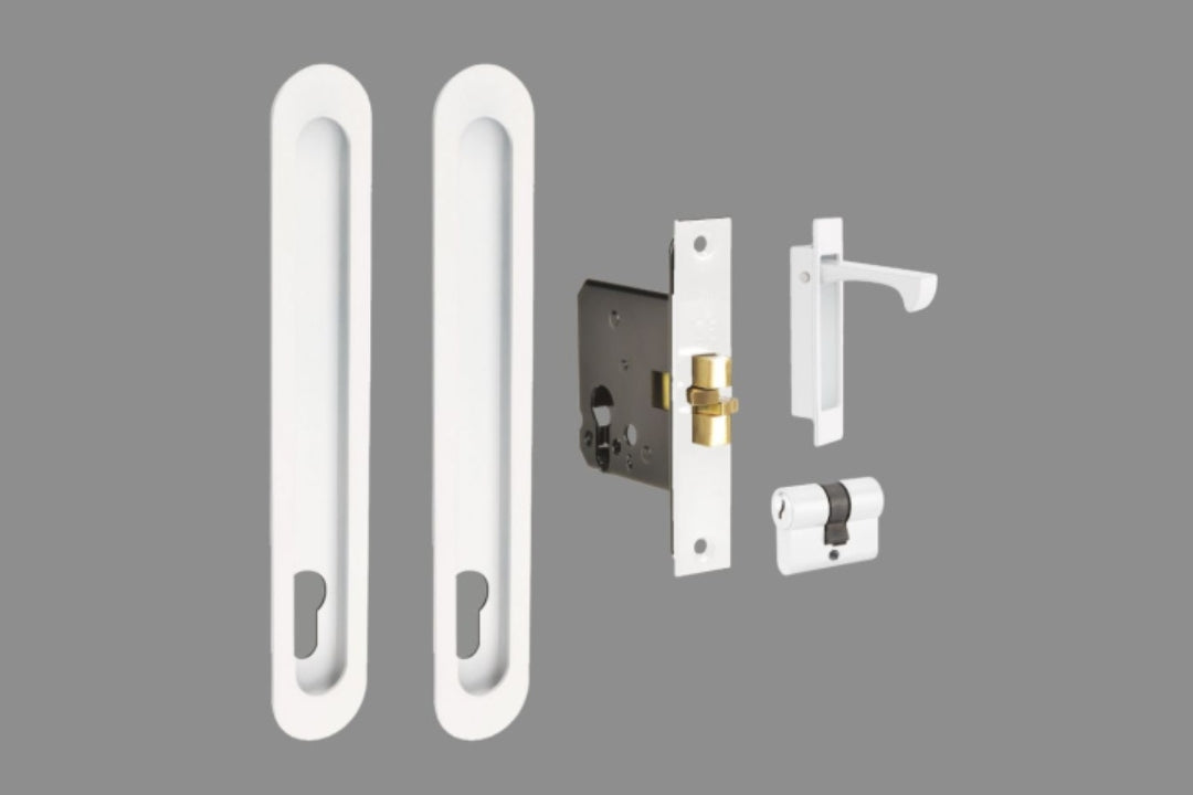 Product image of the Zanda Duke White Flush Pull Euro Lock Kit 250x40mm on a grey background.