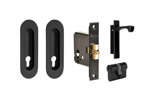 Product picture of the Zanda Duke Matt Black Flush Pull Euro Lock Kit 120x40mm on a white background.