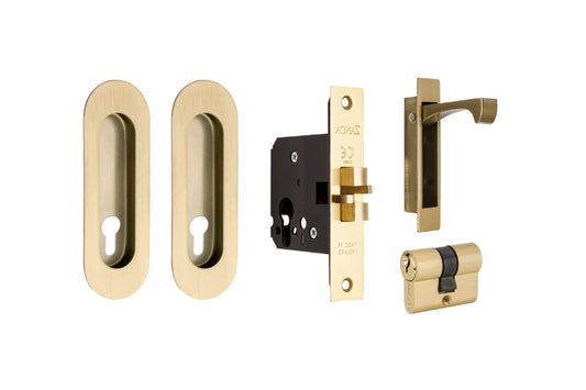 Product image of the Zanda Duke Satin Brass Flush Pull Euro Lock Kit 120x40mm on a white background.