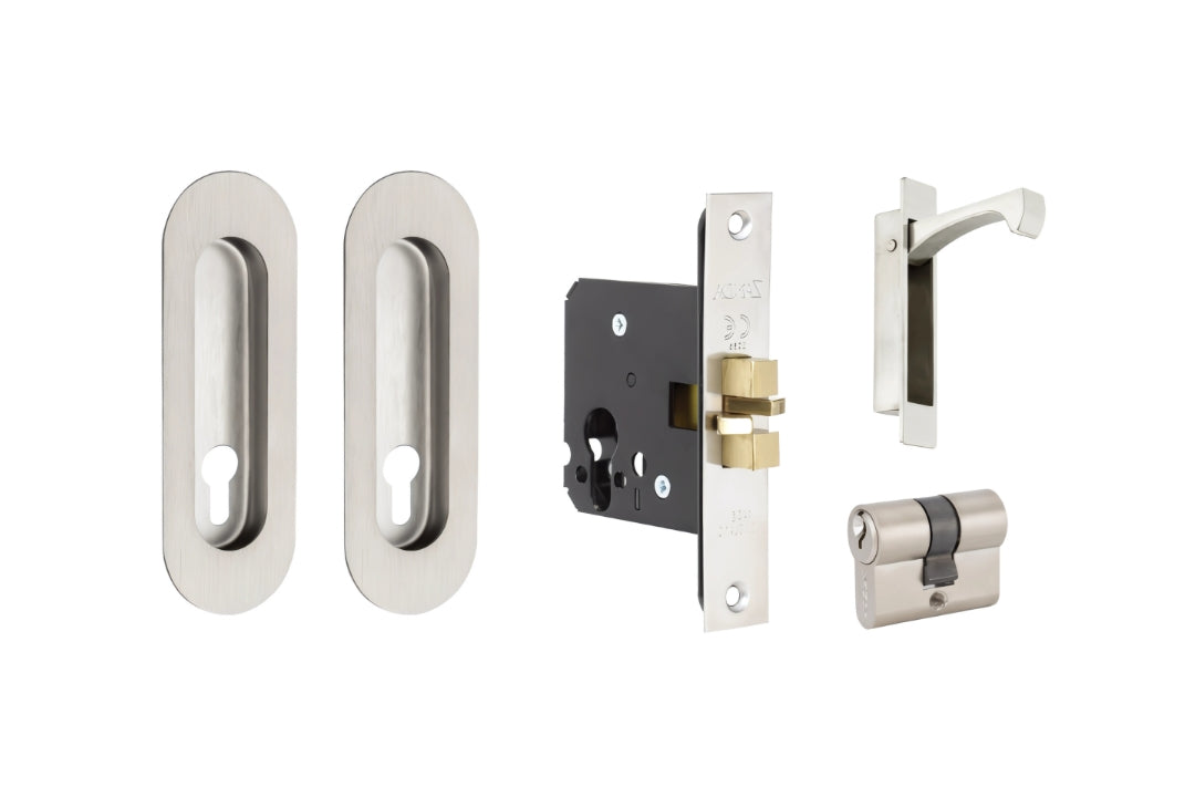 Product image of the Zanda Duke Stainless Steel Flush Pull Euro Lock Kit 120x40mm on a white background.