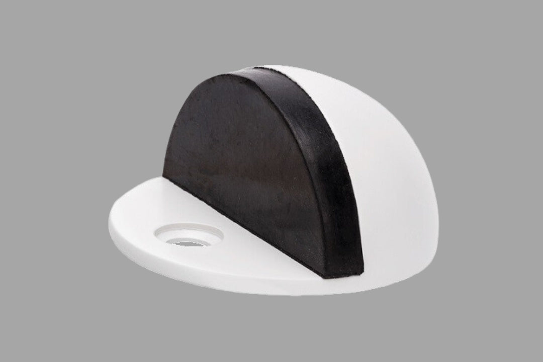Product picture of the Zanda White Oval Door Stop on a grey background.