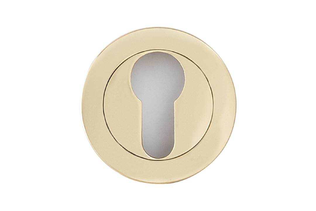 Product image of the Apollo Design Round Euro Escutcheon 50mm Polished Brass on a white background.