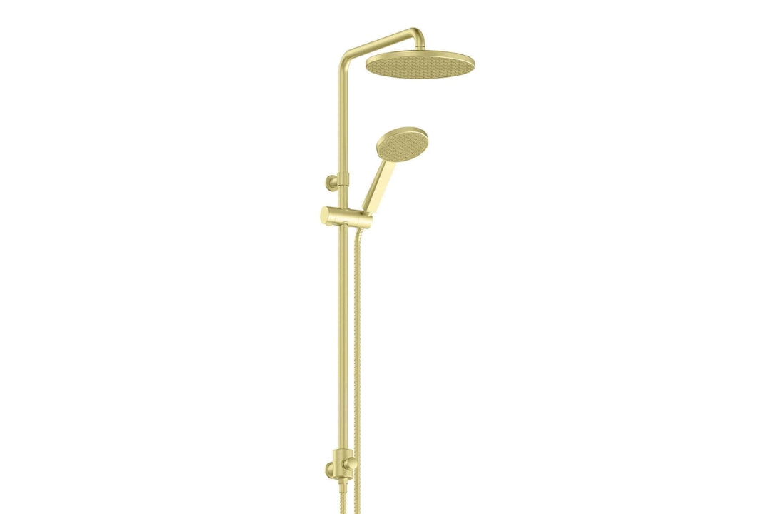 Glide RainBoost Twin Rail Shower in Brushed Brass – luxury brushed brass shower for designer bathrooms