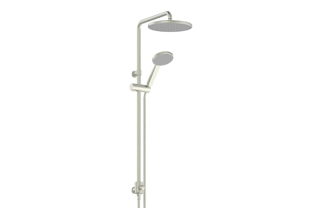 Glide RainBoost Twin Rail Shower in Brushed Nickel – soft nickel finish architectural twin rail shower